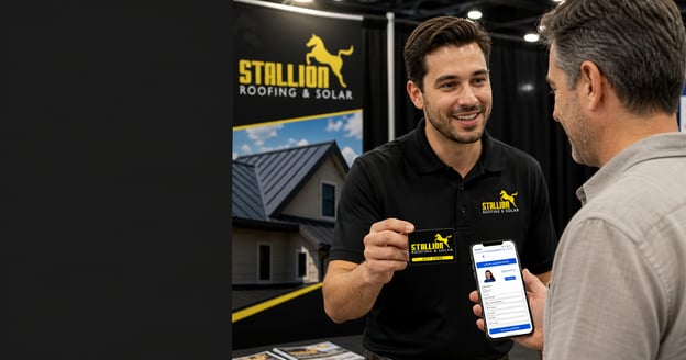 Field marketer at a trade show holding a branded BizGift card beside an activation-ready phone