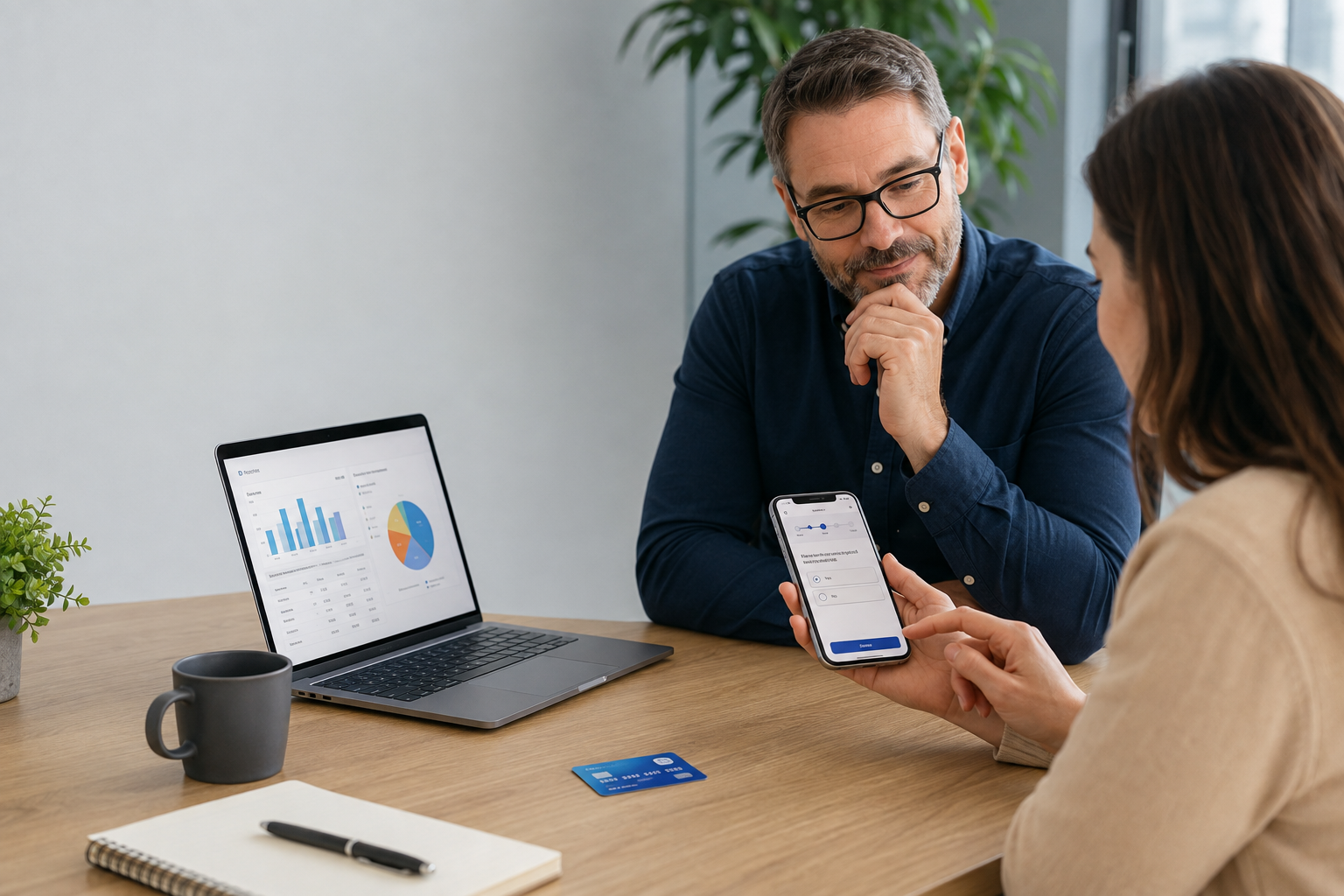 Customer-experience professionals review survey results while a participant completes a mobile survey.