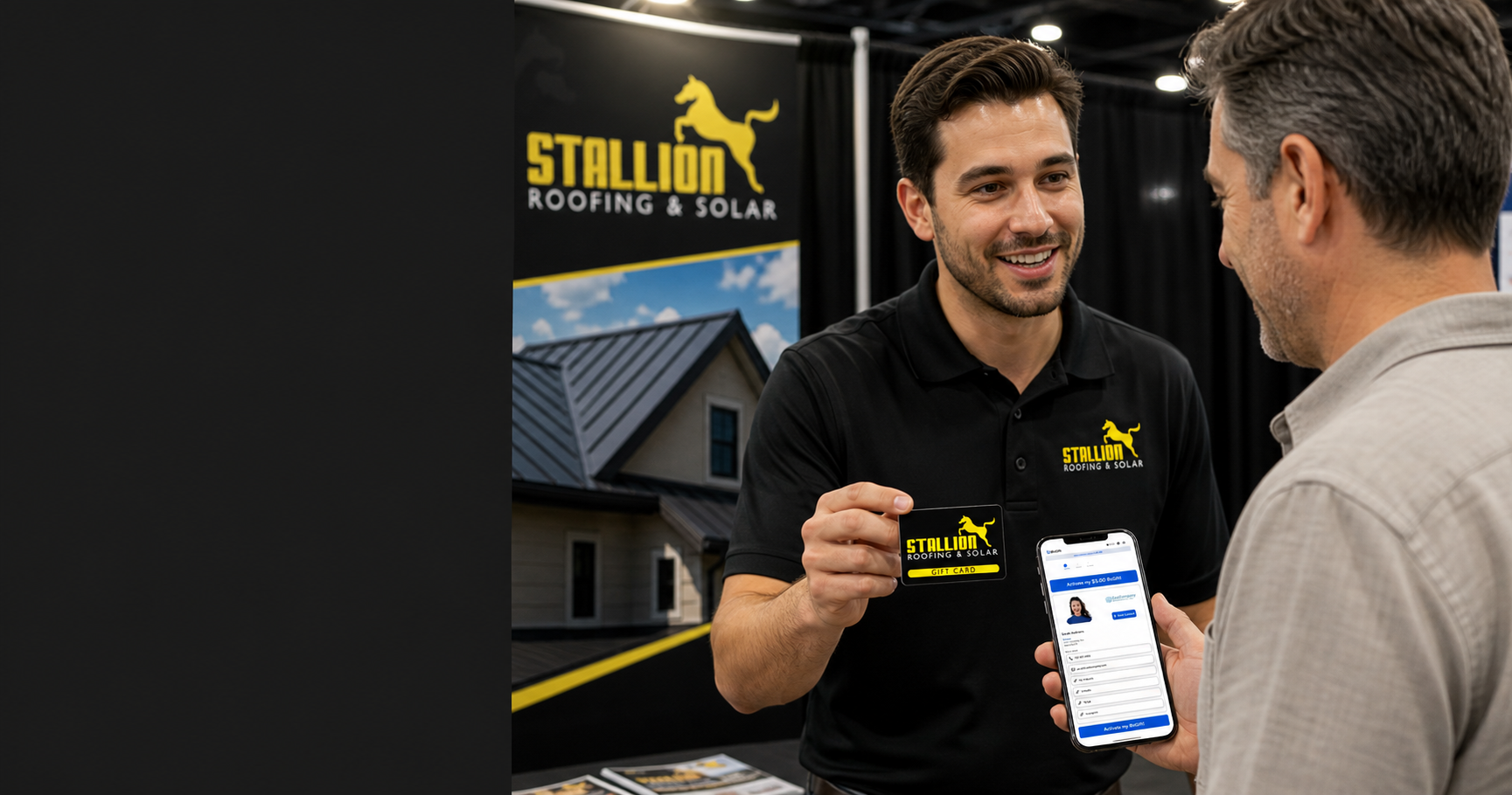 Field marketer at a trade show holding a branded BizGift card beside an activation-ready phone