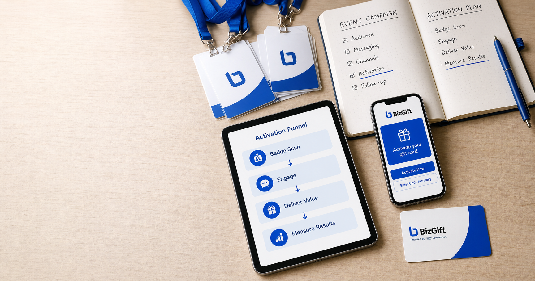 Event follow-up budget planning with BizGift cards, activation dashboard, phone, and campaign notebook