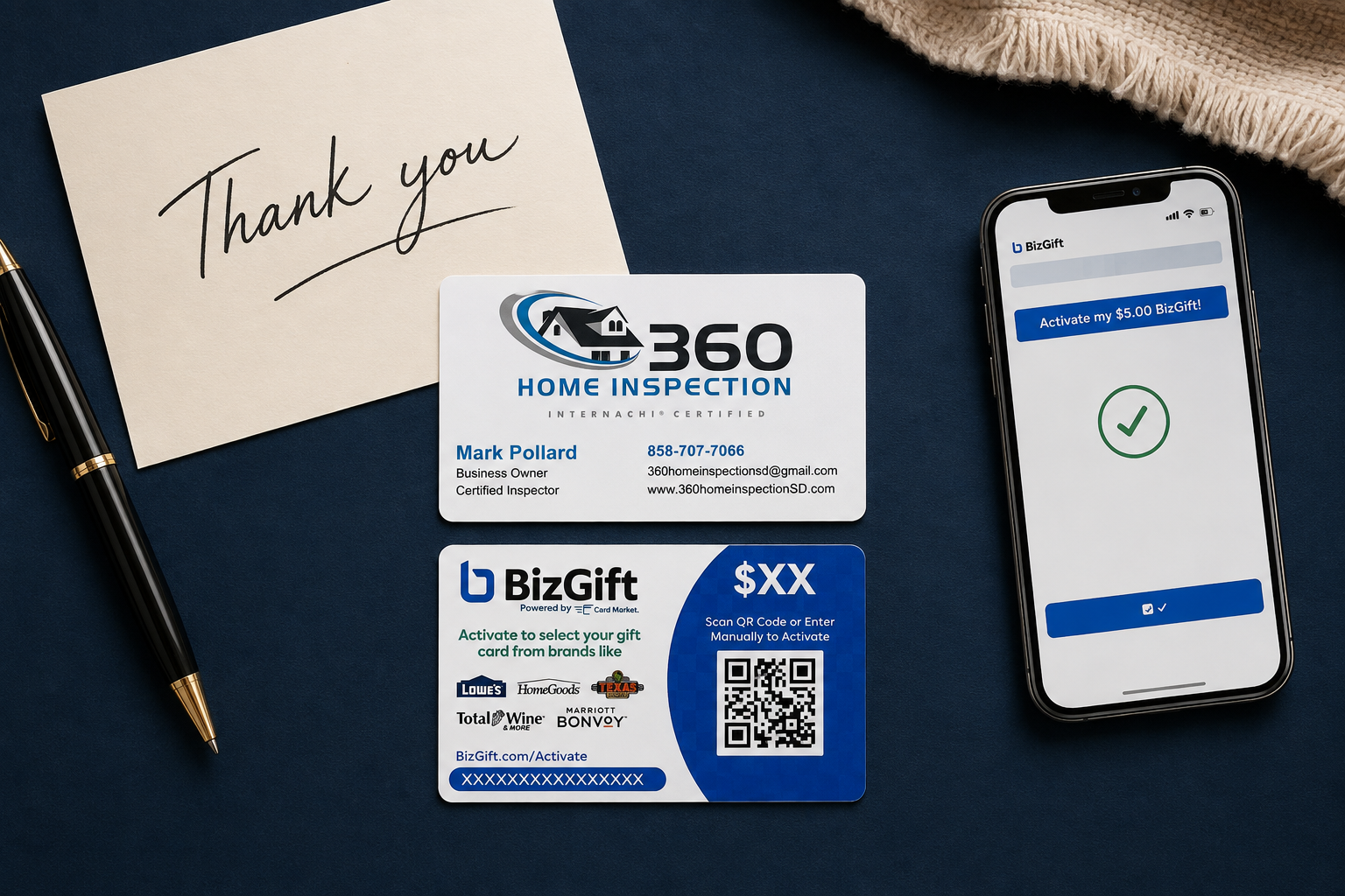 Handwritten referral thank-you beside a customer-branded BizGift card and mobile activation experience.