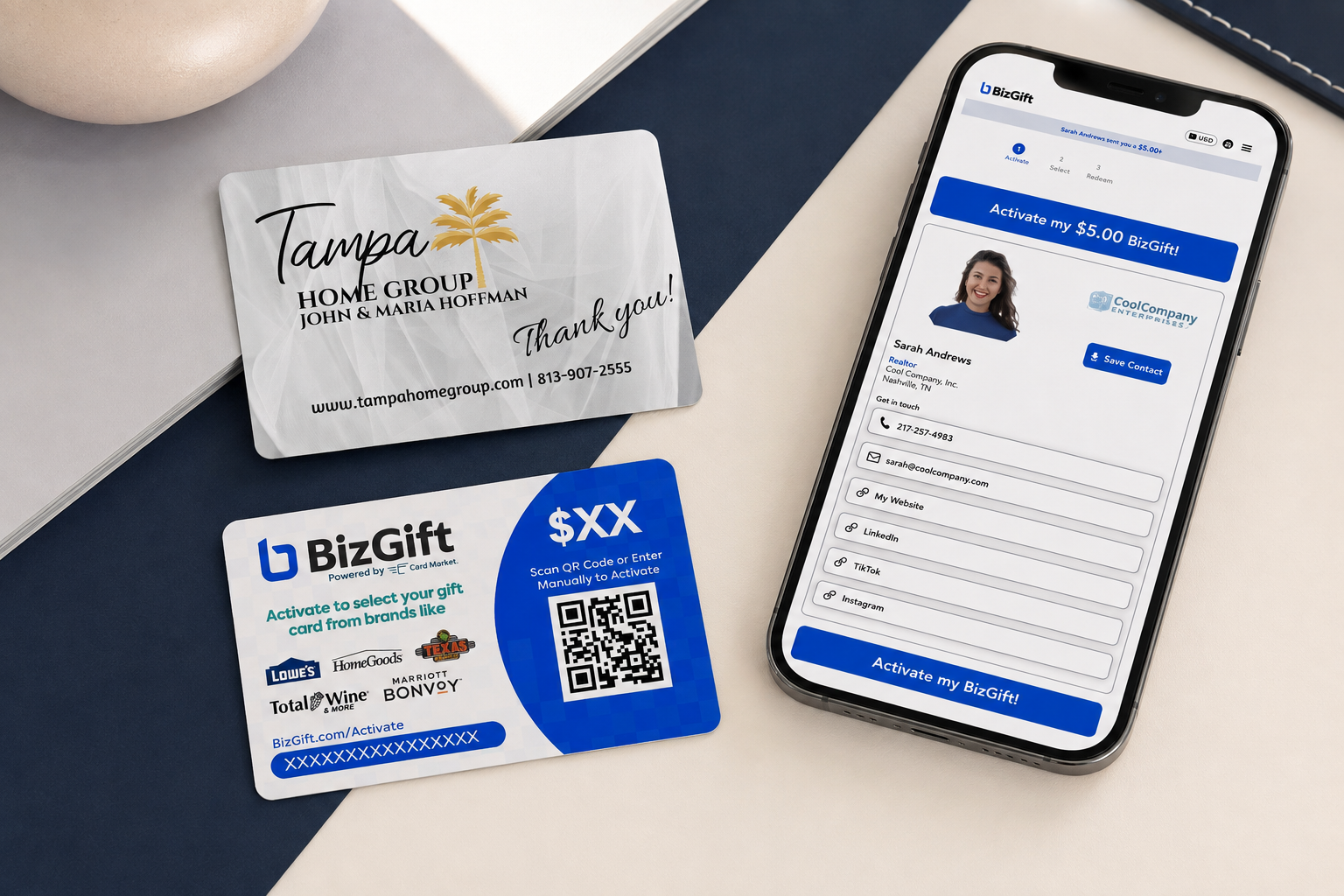 Printed BizGift card front and activation side beside a mobile digital BizGift profile